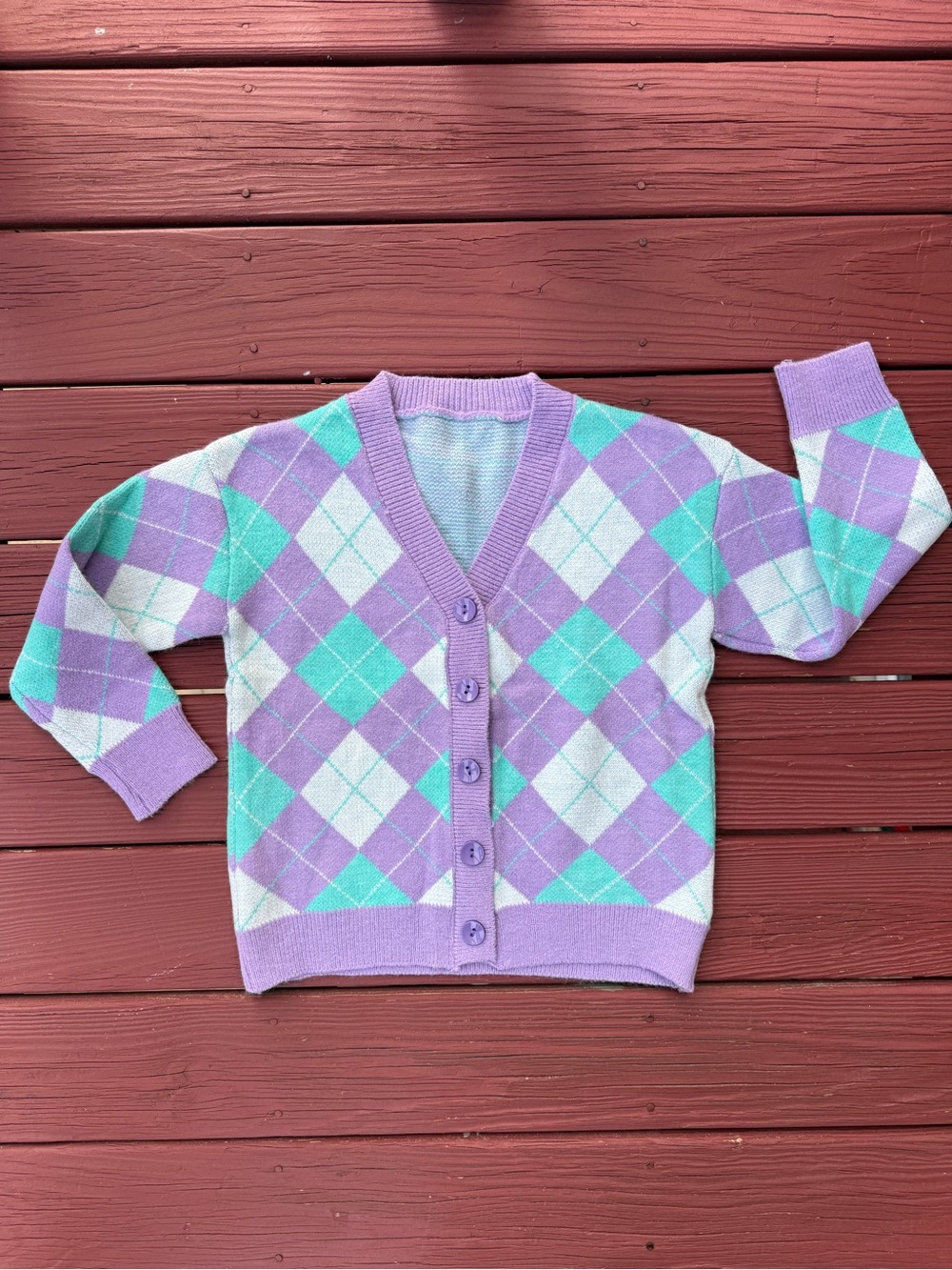 Lavender Argyle Button-Up Cardigan Sweater